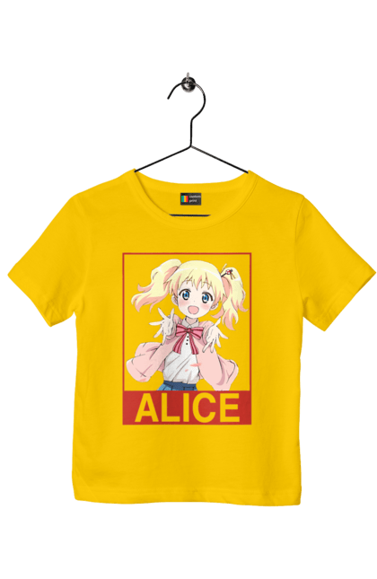 Футболка детская с принтом Золотая мозаика Алиса Картелет. Alice cartelet, anime, kiniro mosaic, kinmoza, manga, алиса, алиса картелет, аниме, золотая мозаика, манга. 2070702