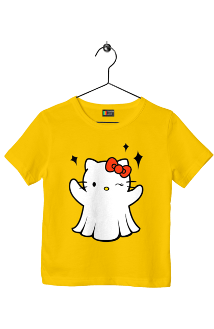 Футболка детская с принтом Хелло Китти Хэллоуин. Ghost, halloween, hello kitty, бренд, кот, котенок, персонаж, привидение, хелло китти, хэллоуин. 2070702