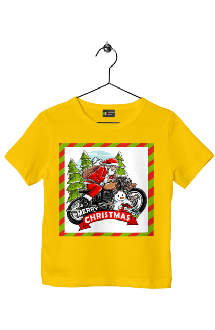 Футболка детская с принтом Санта на мотоцикле. Елка, мотоцикл, новый год, подарки, рождество, санта, снеговик. 2070702