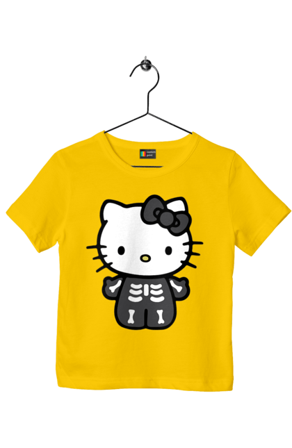 Футболка детская с принтом Хелло Китти Хэллоуин. Halloween, hello kitty, zombie, бренд, зомби, котенок, персонаж, скелет, хелло китти, хэллоуин. 2070702