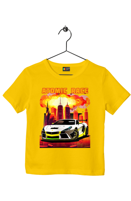 Футболка дитяча з принтом "Атомна гонка". Авто, автомобіль, атомні перегони, гонки, гоночні машини, спортивна машина, спорткар. 2070702