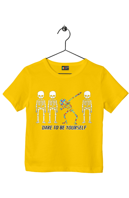 Children's t-shirt with prints Dare to be yourself. Be yourself, creativity, dancing skeleton, individuality, personality, self-expression, skeleton. 2070702