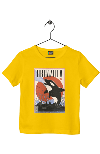 Children's t-shirt with prints Orcazilla. Cartoon style design, graphic, japan print, japanese, japanese art, japanese poster, japanese poster orca, ocean wildlife, orca, orcazilla. 2070702