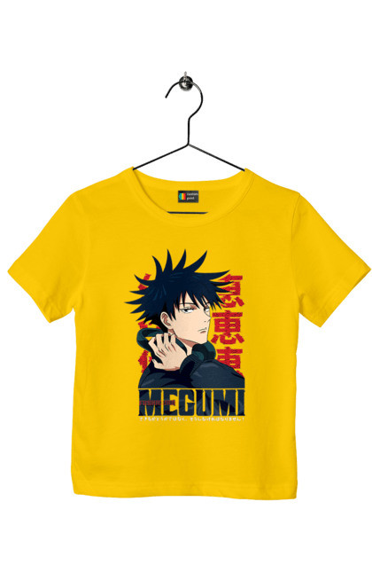 Children's t-shirt with prints Jujutsu Kaisen Megumi. Anime, dark fantasy, fushiguro, fushiguro megumi, jujutsu kaisen, magic battle, manga, megumi, mystic. 2070702