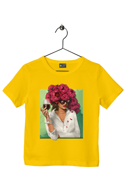 Children's t-shirt with prints Girl with peonies and a glass. Flower, girl, glasses, goblet, peonies, shirt, summer, wine. 2070702