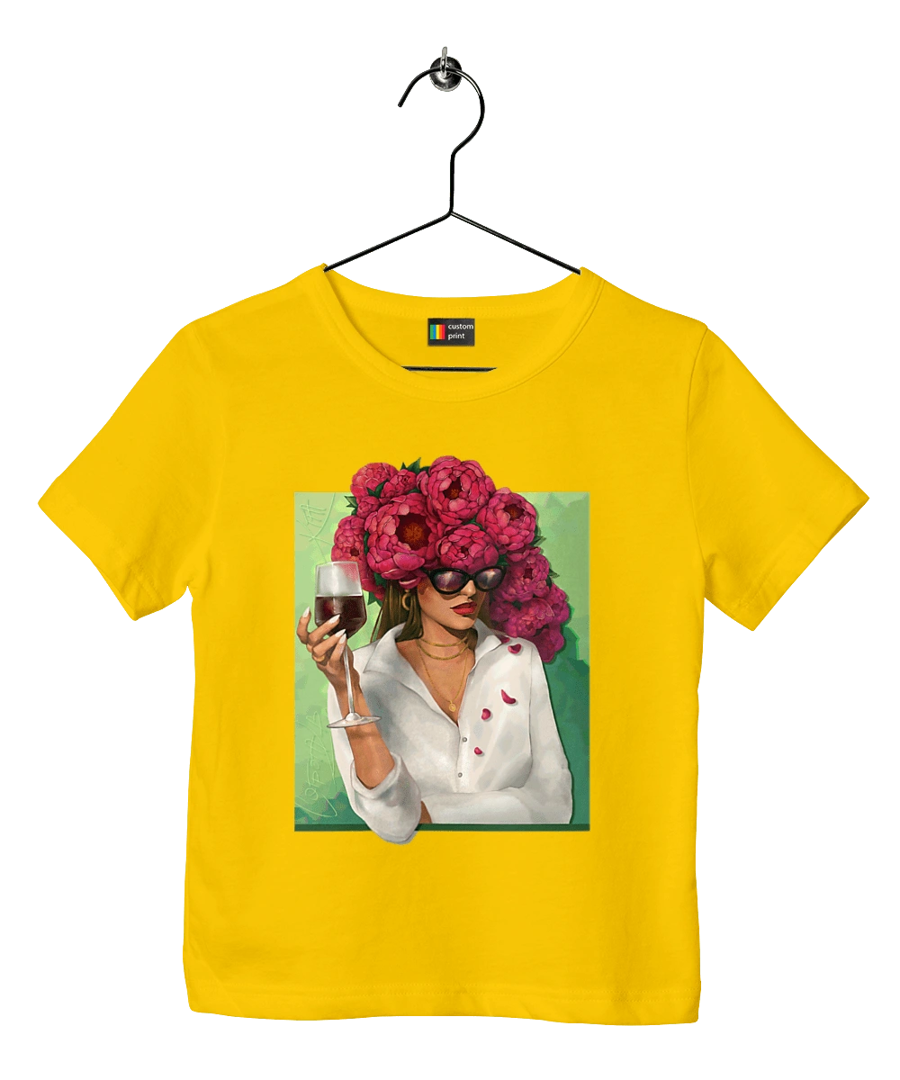 Girl with peonies and a glass