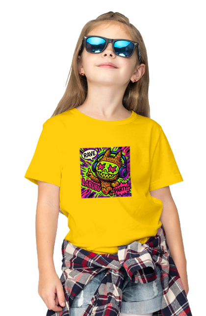 Children's t-shirt with prints Labubu. Comicstyle, evening, graphite, headphones, labubu, neon, popart, rave, stars and stars, vulichne mystetstvo. 2070702
