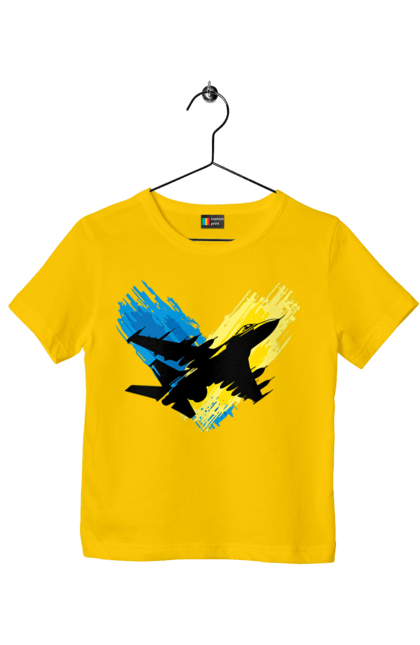 Футболка дитяча з принтом "Літак F 16". З прапором, зсу, літак, літак f16, патріотична, прапор, ф16. 2070702