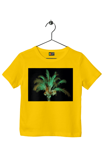 Футболка дитяча з принтом "Фінікова Пальма Вночі". Берег, відпочинок, відпустка, зелений, море, ніч, оазис, океан, острів, пальма, південь, подорож, пригоди, тропіки, фінікова, чорне. 2070702