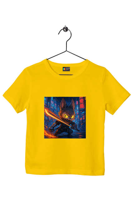 Футболка дитяча з принтом "Лабубу". Аніместиль, дія, катана, кіберніндзя, кіберпанк, лабубу, меч, неонове місто, очі` що світяться. 2070702