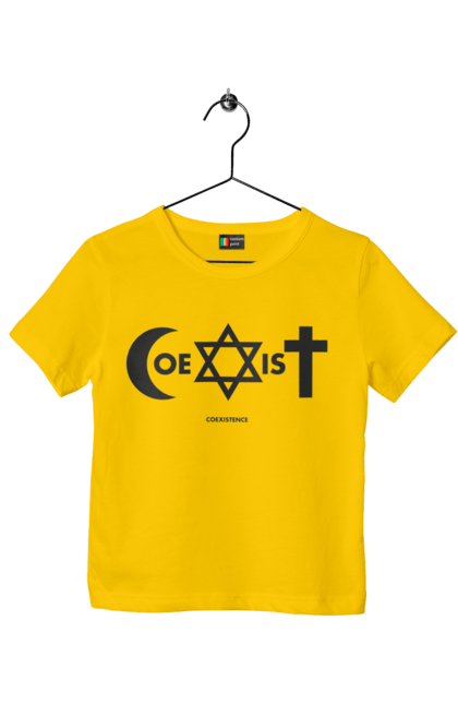 Футболка детская с принтом Coexist. Coexist, ислам, иудаизм, межрелигиозный диалог, равенство, религия, символы веры, толерантность, христианство. 2070702