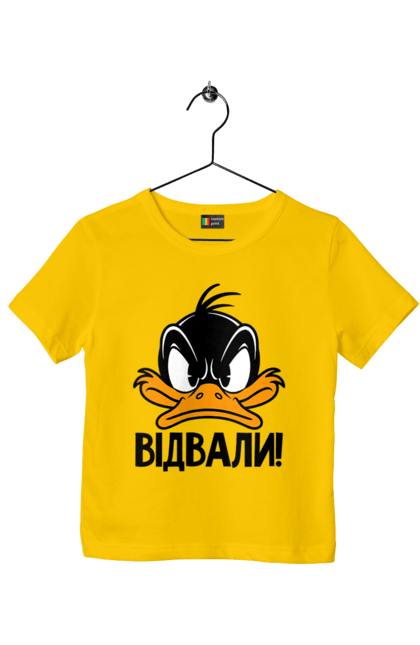 Children's t-shirt with prints Daffy Duck Fuck Off. Daffy duck, disney, duck, duckling, ducks, funny, platypus, ukrainian, yellow duckling. 2070702
