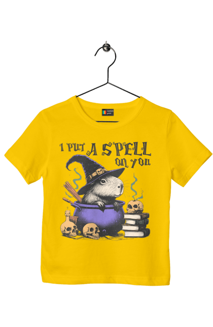 Children's t-shirt with prints Capybara Halloween. Animal, capybara, ghost, halloween, holiday, moon, pumpkin, rodent, witch. 2070702