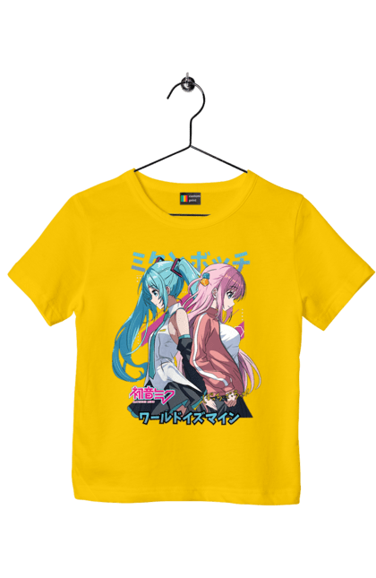 Children's t-shirt with prints Hatsune Miku and Hitori Gotou. Anime, bocchi the rock, hatsune miku, hitori goto, hitori gotou, lonely rocker, miku, rocker, vocaloid. 2070702