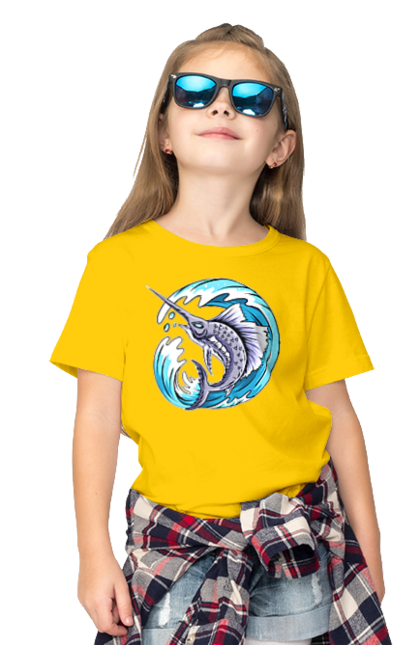 Children's t-shirt with prints Fish Sword And Wave. Swordfish, wave. 2070702